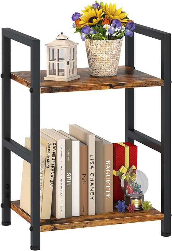 Small Bookshelf for Small Space, 2 Tier Industrial Bookcase,Narrow Book Case Storage Organizer Book Shelf for Living Room, Bedroom and Office, Easy Assembly(2 Tier,Rustic Brown) - LeafyLoom