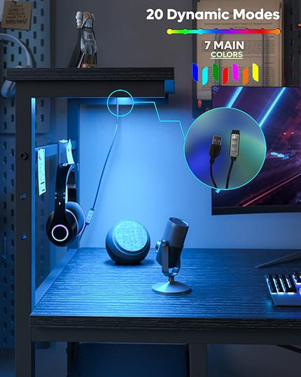 Bestier Gaming Desk with Shelves, 61 Inch Large PC Gaming Table with LED Lights, Led Gamer Desk with 4 Tiers Reversible Storage Shelves for Game & Bedroom Room (Black Grained) - LeafyLoom