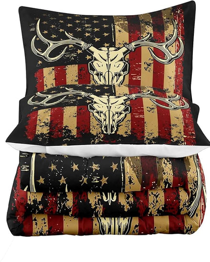 LUVIVIHOME 3PCS Deer Skull Comforter Set Full Size, Patriotic American Flag Comforter, 4th of July Independence Day Hunter Elk Moose Wildlife Cabin Country Rustic Hunting Bedding Quilt, 2 Pillow Shams - LeafyLoom