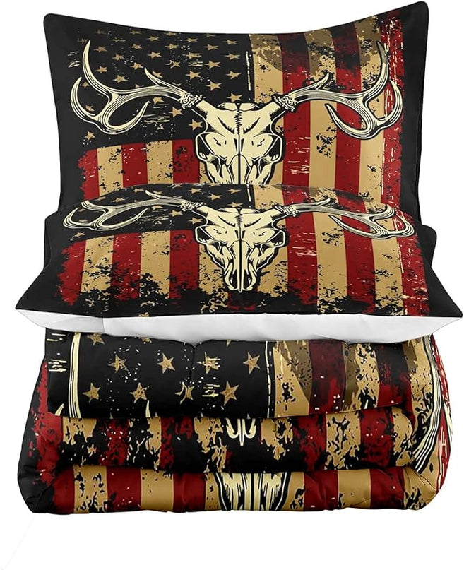 LUVIVIHOME 3PCS Deer Skull Comforter Set Full Size, Patriotic American Flag Comforter, 4th of July Independence Day Hunter Elk Moose Wildlife Cabin Country Rustic Hunting Bedding Quilt, 2 Pillow Shams - LeafyLoom