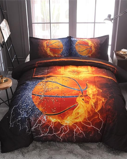Btargot Twin Basketball and Fire Quilt Set Bedding Sets, 3D Sports Themed Bedding, All-Season Reversible Quilted Duvet, for Children Boy Girl Teen Kids - includes 1 Comforter, 2 Pillow Sham - LeafyLoom