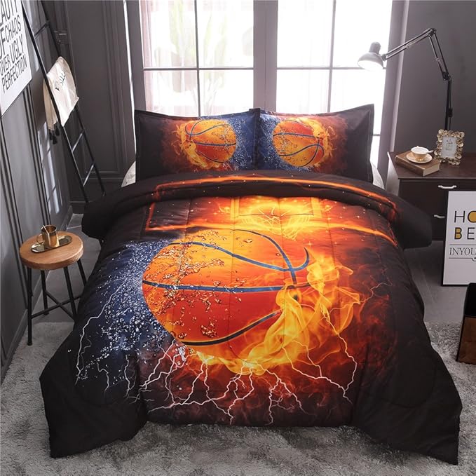 Btargot Twin Basketball and Fire Quilt Set Bedding Sets, 3D Sports Themed Bedding, All-Season Reversible Quilted Duvet, for Children Boy Girl Teen Kids - includes 1 Comforter, 2 Pillow Sham - LeafyLoom