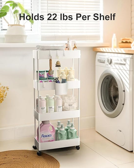 Pipishell Slim Storage Cart with Wheels, 4 Tier Bathroom Storage Organizer Rolling Utility Cart for Bathroom Kitchen Laundry Room Office Narrow Place (White) - LeafyLoom