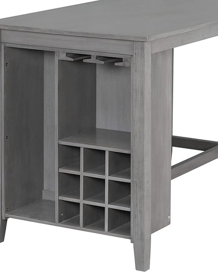 5-Piece Wooden Counter Height Dining Set, Multi-Functional Rubber Wood Table with Padded Chairs and Integrated 9 Bar Wine Compartment, Wineglass Holders for Home Living Room, Gray - LeafyLoom