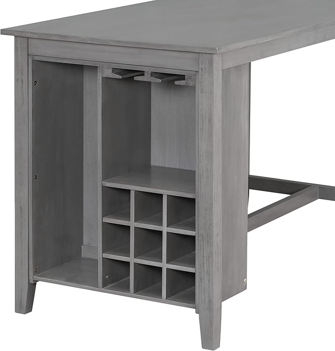 5-Piece Wooden Counter Height Dining Set, Multi-Functional Rubber Wood Table with Padded Chairs and Integrated 9 Bar Wine Compartment, Wineglass Holders for Home Living Room, Gray - LeafyLoom