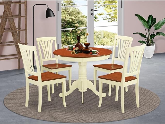 East West Furniture ANAV5-WHI-W 5 Piece Room Furniture Set Includes a Round Kitchen Table with Pedestal and 4 Dining Chairs, 36x36 Inch - LeafyLoom