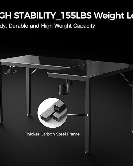 EUREKA ERGONOMIC RGB LED Lights 60 Inch L Shaped Reversible Black Glass Gaming Desk Home Office Computer Table GTG L60 - LeafyLoom