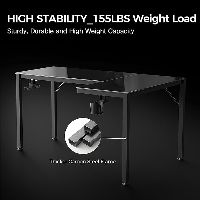 EUREKA ERGONOMIC RGB LED Lights 60 Inch L Shaped Reversible Black Glass Gaming Desk Home Office Computer Table GTG L60 - LeafyLoom
