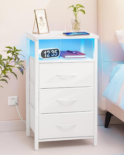 Yoobure Night Stand with Charging Station, 16 Colors LED Nightstand with USB Ports and Outlets, End Table with 3 Fabric Drawers and Storage Shelf, Bedside Tables Small Dresser for Small Space White - LeafyLoom