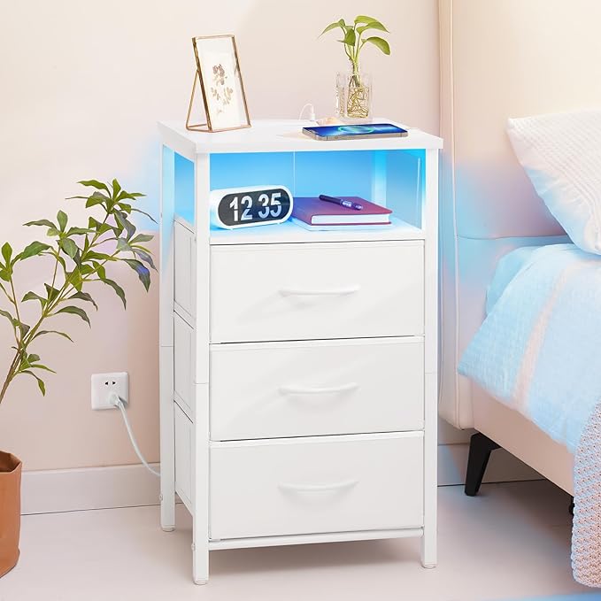 Yoobure Night Stand with Charging Station, 16 Colors LED Nightstand with USB Ports and Outlets, End Table with 3 Fabric Drawers and Storage Shelf, Bedside Tables Small Dresser for Small Space White - LeafyLoom