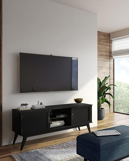SIMPLIHOME Draper SOLID HARDWOOD 60 Inch Wide Mid Century Modern Low TV Media Stand in Black for TVs up to 65 Inches, For the Living Room and Entertainment Center - LeafyLoom