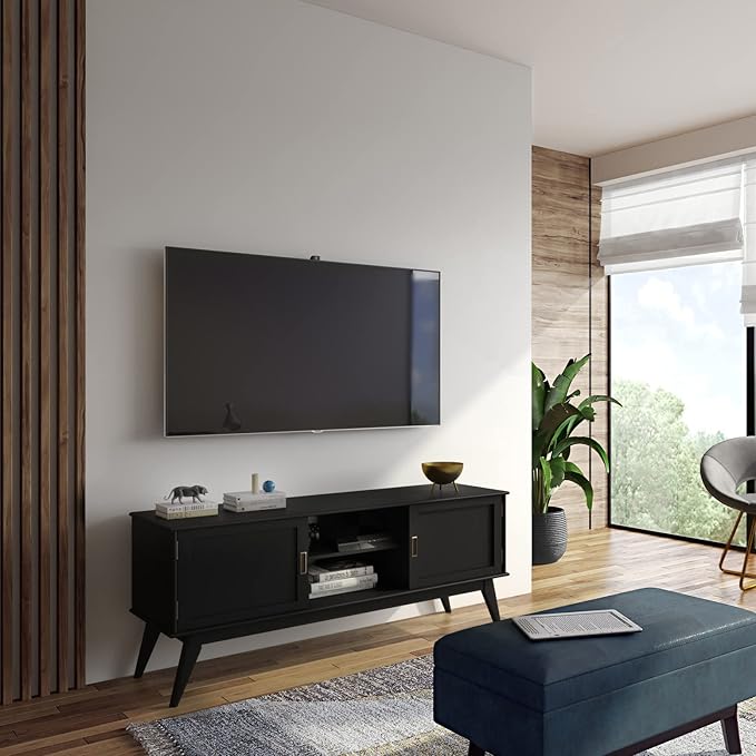 SIMPLIHOME Draper SOLID HARDWOOD 60 Inch Wide Mid Century Modern Low TV Media Stand in Black for TVs up to 65 Inches, For the Living Room and Entertainment Center - LeafyLoom