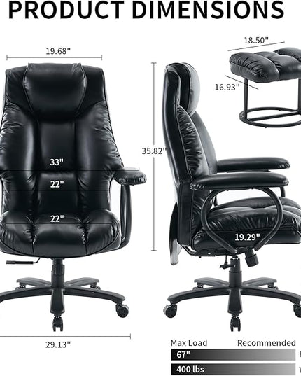 Office Chair Big and Tall, Ergonomic Office Chair 400lbs, Office Desk Chair with Ottoman, High Back Executive Office Chair, Adjustable Home Office Chair, Computer Chair PU Leather (Black) - LeafyLoom