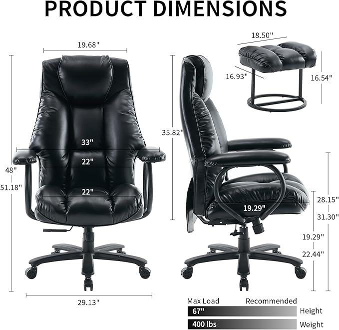 Office Chair Big and Tall, Ergonomic Office Chair 400lbs, Office Desk Chair with Ottoman, High Back Executive Office Chair, Adjustable Home Office Chair, Computer Chair PU Leather (Black) - LeafyLoom