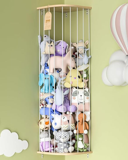 Stuffed Animal Storage for Plushie Toys - Large Wood Corner Hanging Pet Storage with Sky Pattern, Length Adjustable Toy Organizer Shelf for Nursery Play Room Bedroom Kid Room - LeafyLoom