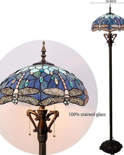 Tiffany Floor Lamp Stained Glass Standing Reading Lamp 16X16X66 Inches Antique Pole Corner Light for Bedroom Living Room Home Office (Blue Dragonfly) - LeafyLoom