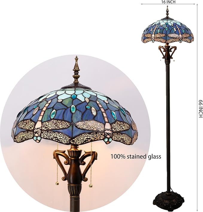 Tiffany Floor Lamp Stained Glass Standing Reading Lamp 16X16X66 Inches Antique Pole Corner Light for Bedroom Living Room Home Office (Blue Dragonfly) - LeafyLoom
