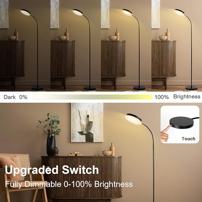 Floor Lamp, LED Floor Lamps for Living Room, Stepless Adjust Color Temperatures & Brightness Standing Lamp with Touch Control Tall Lamps Adjustable Gooseneck Reading Floor Lamp (Black) - LeafyLoom