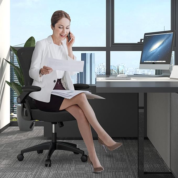 naspaluro Ergonomic Office Chair, Mid Back Desk Chair with Adjustable Height, Swivel Chair with Flip-Up Arms and Lumbar Support, Breathable Mesh Computer Chair for Home/Study/Working, Dark Black - LeafyLoom