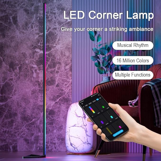 MIHEAL RGB Corner Floor Lamp, 56" Color Changing LED Corner Lamp with APP Control, Modern Standing Lamp with Music Sync and 16 Million DIY Colors, Heavy Base for Bedroom Living Room Gaming Room - LeafyLoom