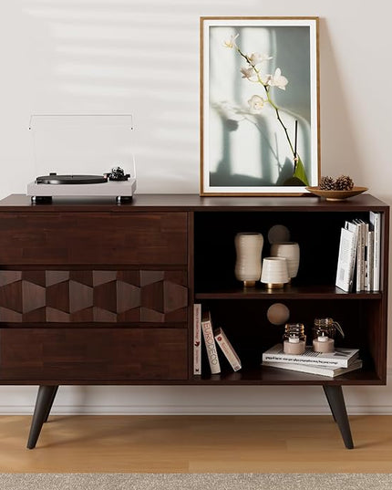 Bme Georgina 45 Inch Solid Wood TV Stand, Under 10 Minutes Assembly Entertainment Center with Storage, Geometric Pattern TV Console for Living Room, Bedroom, Dinning Room - Walnut - LeafyLoom