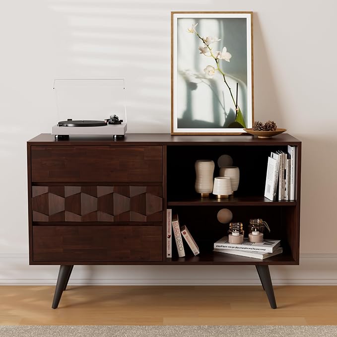 Bme Georgina 45 Inch Solid Wood TV Stand, Under 10 Minutes Assembly Entertainment Center with Storage, Geometric Pattern TV Console for Living Room, Bedroom, Dinning Room - Walnut - LeafyLoom