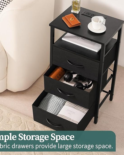 Yoobure Night Stand with Charging Station, 16 Colors LED Nightstand with USB Ports and Outlets, End Table with 3 Fabric Drawers and Storage Shelf, Bedside Tables Small Dresser for Small Space Black - LeafyLoom