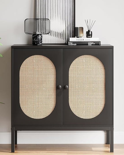 GAOMON Sideboard Buffet Cabinet, Rattan Storage Cabinet, Wood Accent Cabinet with Door and Shelf, Console Cabinet with Storage, Sideboard Cabinet for Hallway, Entryway, Living Room (Black) - LeafyLoom