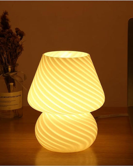 BSOD Mushroom Lamp,Glass Table Bedside Lamps Translucent Murano Vintage Style Striped Small Night Mushroom Decor Light Swirl for Ambient,Kids,Bedroom,Living,Girl Gift (Stripe White) - LeafyLoom