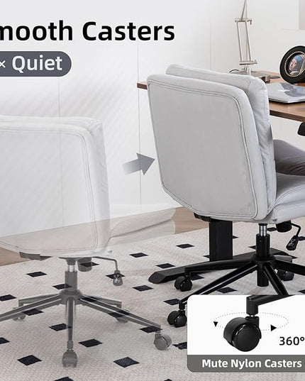 Armless Office Chair with Wheels Wide Desk Chair Leather Mid Back Accent Chair Padded Swivel Vanity Chair for Girl Women Computer Task Chair for Home Office (Suede Fabric, Light Grey) - LeafyLoom