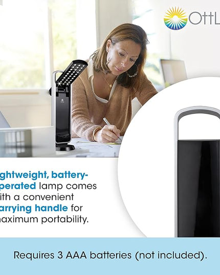 OttLite Portable LED Task Lamp, Black - Lightweight LED Desk Lamp with Carrying Handle, Long-Lasting & Energy-Efficient Natural Daylight LEDs for Home Office & Desk - Automatic On/Off Operation - LeafyLoom