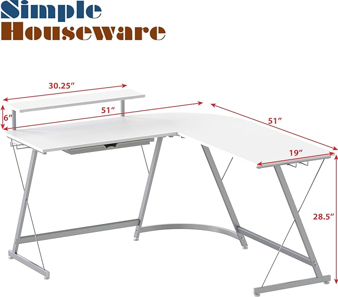SHW Vista L-Shape Desk with Monitor Stand, White - LeafyLoom