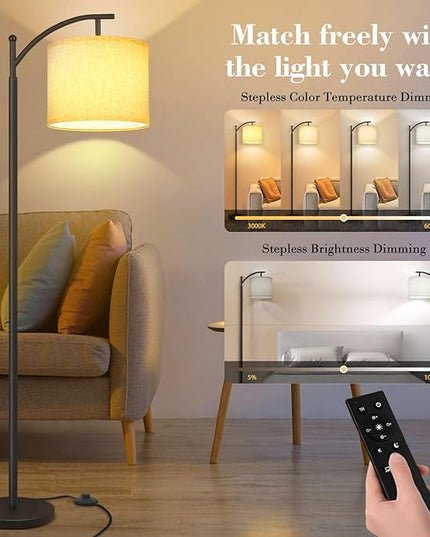 PESRAE Arc Floor Lamp with Remote Control, 9W/1000LM Stepless 3000K-6000K LED Bulb Included, Standing Lamp with Tall lamp with Adjustable Linen Lampshade for Bedroom,Living Room - LeafyLoom