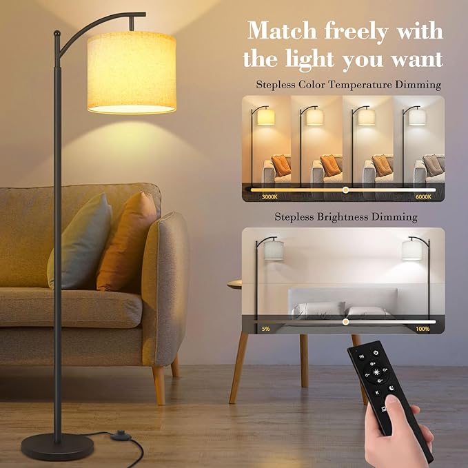 PESRAE Arc Floor Lamp with Remote Control, 9W/1000LM Stepless 3000K-6000K LED Bulb Included, Standing Lamp with Tall lamp with Adjustable Linen Lampshade for Bedroom,Living Room - LeafyLoom