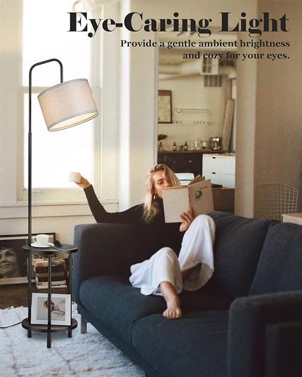ELYONA Modern Floor Lamp for Living Room, Solid Wood Side Table Lamp with Grey Fabric Drum Shade, 3-Color Temperatures End Table Standing Light for Bedroom, Living Room, LED Bulb Included, Matte Black - LeafyLoom