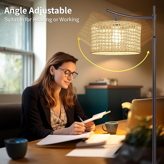 Arc Boho Farmhouse Black Floor Lamp, Standing Lamp with Rattan & Fabric Double Shade with Remote Control, Dimmable LED Bulb with 7 Color Temperature, Tall Pole for Living Room Bedroom Corner Office - LeafyLoom