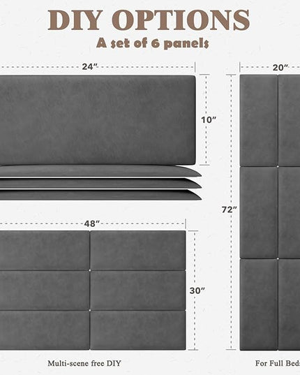 Twin Full Headboard, Wall Mounted Peel and Stick Headboard, Upholstered Leather Bed Headboard for Twin Size Bed, Floating Dorm Bedroom Tall Headboard Soundproof Wall Panels (6 Panels, 10"x24") - LeafyLoom