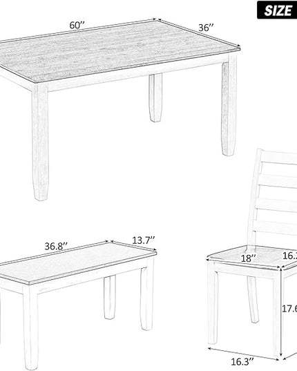 Retro Rustic Style, Including 4 Upholstered Chairs, 1 Bench, Room, Home Bar, and Kitchen,Walnut + Cottage White, 6 Piece Dining Table Set - LeafyLoom