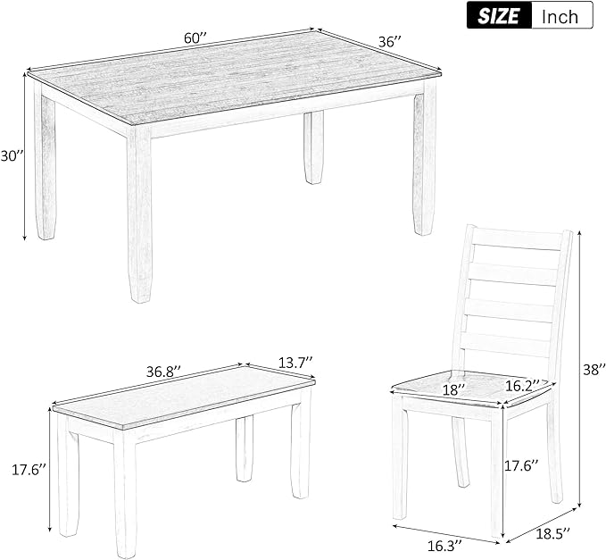 Retro Rustic Style, Including 4 Upholstered Chairs, 1 Bench, Room, Home Bar, and Kitchen,Walnut + Cottage White, 6 Piece Dining Table Set - LeafyLoom