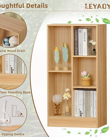 LEYAOYAO 5 Cube Mid-Century Modern Natural Wood Bookshelf with Base, 3 Tier Storage Organizer Shelf, Rustic Wood Display Cabinet for Bedroom, Living Room, Office - LeafyLoom