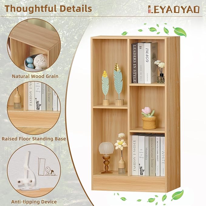 LEYAOYAO 5 Cube Mid-Century Modern Natural Wood Bookshelf with Base, 3 Tier Storage Organizer Shelf, Rustic Wood Display Cabinet for Bedroom, Living Room, Office - LeafyLoom