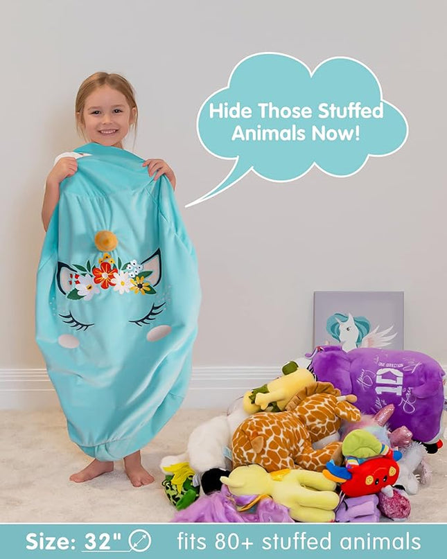 Aubliss Bean Bag Cover for Stuffed Animal Storage - Unicorn Bean Bag Velvet Cover (No Beans) - Large Stuff 'n Sit Organization for Kids Toy Storage (Large, Cyan) - LeafyLoom