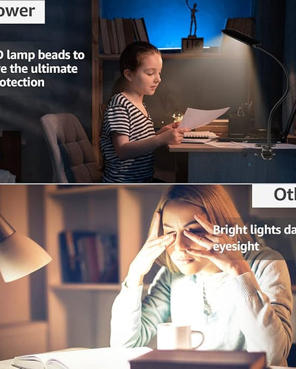 Desk Lamp with Clamp, 8W Clip on Light with 3 Lighting Modes, 10 Brightness Level, Eye-Caring Reading Lamp, Flexible Gooseneck Clamp Lamp, USB Desk Light for Bed Headboard Home - LeafyLoom