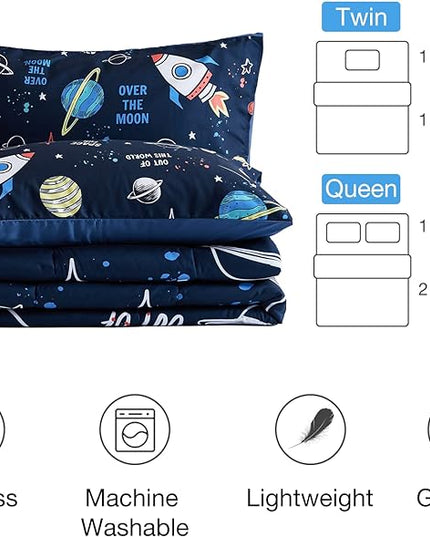 beeweed 2 Piece Kid Comforter Set Twin Size, Space Rocket Bedding Set for Teen Boys Girls - LeafyLoom