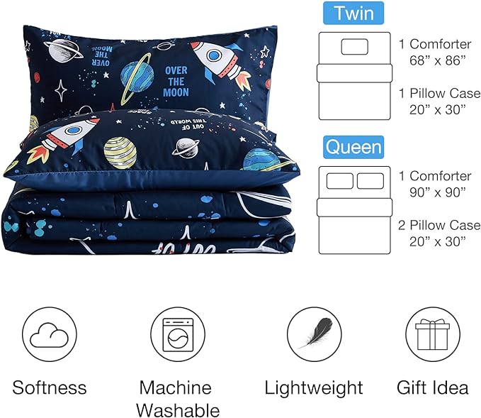 beeweed 2 Piece Kid Comforter Set Twin Size, Space Rocket Bedding Set for Teen Boys Girls - LeafyLoom