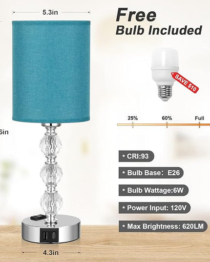 Green Touch Bedside Lamps for Bedrooms - Crystal Table Lamp with USB C+A Charging Port and AC Outlet Nightstand, 3 Way Dimmable Silver Small End Side Table Lamp for Living/Guest/Dinning Room/Kitchen - LeafyLoom