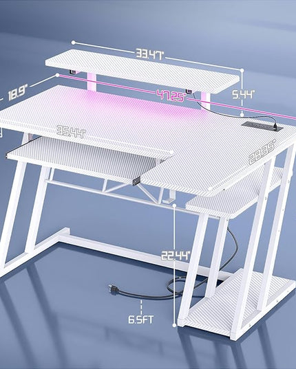 armocity L Shaped Gaming Desk with LED Lights and Outlets, White PC Gaming Desk with Monitor Stand and Shelves, Reversible Gaming Computer Desk with Keyboard Tray & Z-Shape Legs, 47" - LeafyLoom