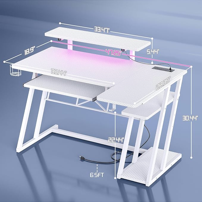 armocity L Shaped Gaming Desk with LED Lights and Outlets, White PC Gaming Desk with Monitor Stand and Shelves, Reversible Gaming Computer Desk with Keyboard Tray & Z-Shape Legs, 47" - LeafyLoom