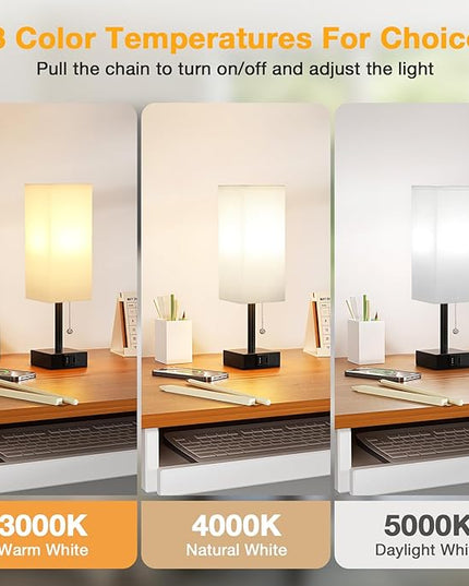 White Small Table Lamp for Bedroom - 3 Color Temperature 3000K 5000K 4000K Bedside Lamp, Pull Chain Control, USB A and C Charging Ports, Black Base, for Kids Office Dorm Nightstand, Bulb Included - LeafyLoom