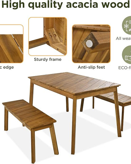 3-Pieces Patio Dining Set with Acacia Wood Tabletop and 2 Benches, Outdoor & Indoor Table and Chairs Furniture for Picnic Barbecue, Porch, Garden, Poolside, Onesize, Natural - LeafyLoom